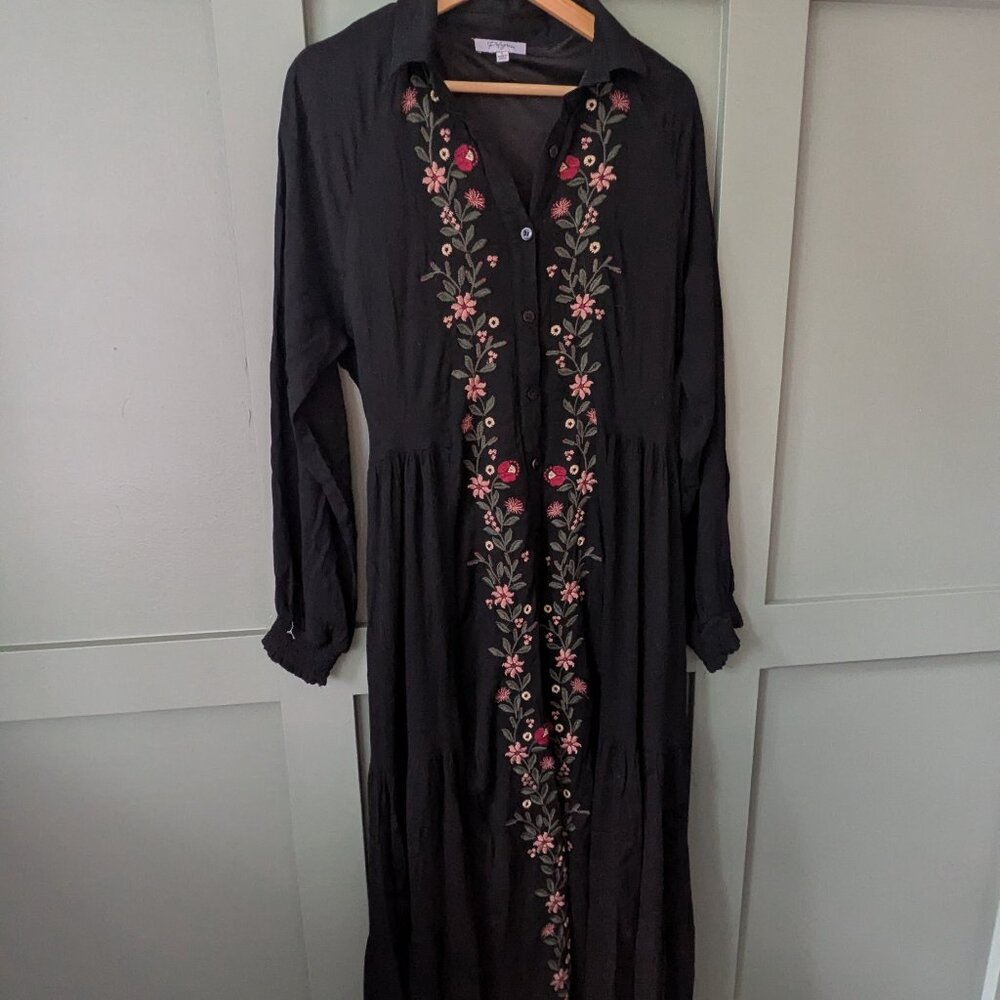Piper & Scoot Black Embroidered Midi Dress | Floral Embroidery